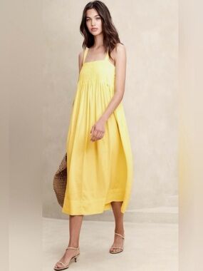 Banana Republic yellow LINEN-BLEND DRAPEY MIDI DRESS size medium